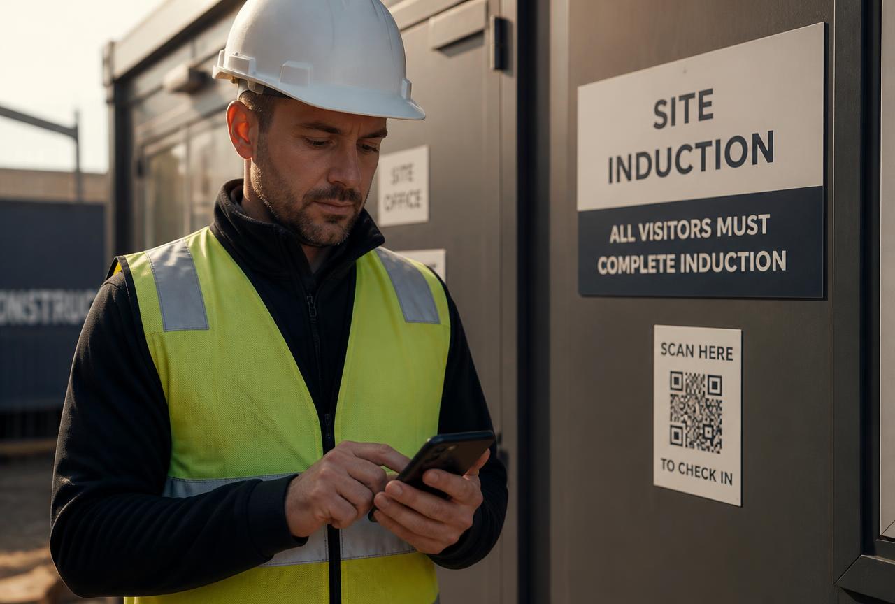 Construction operative completing a site induction on their phone at the site office